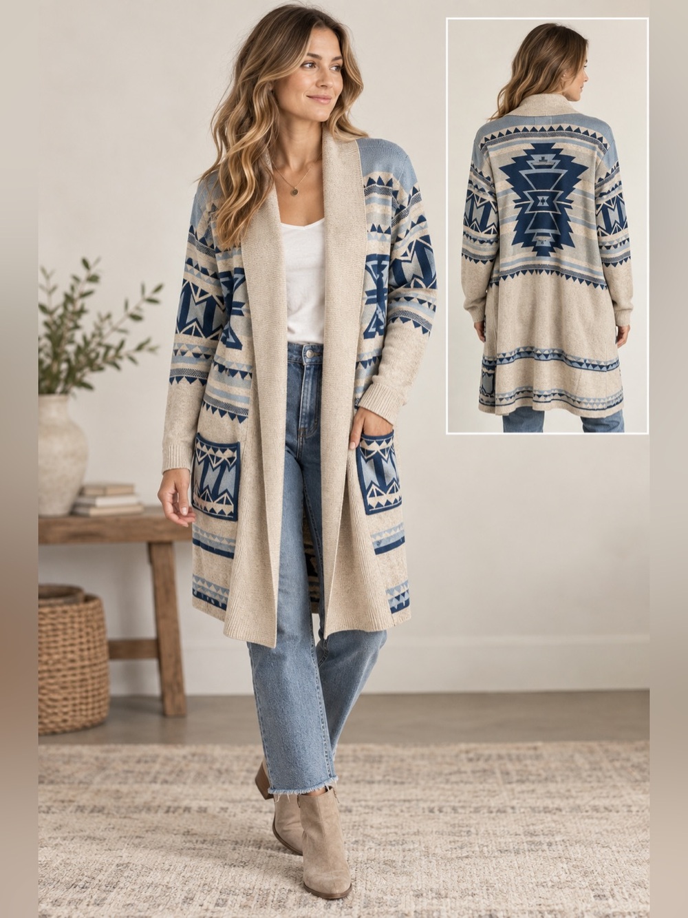 Ruby Moon Southwestern Aztec Longline 100% Cotton Cardigan, Size XXL